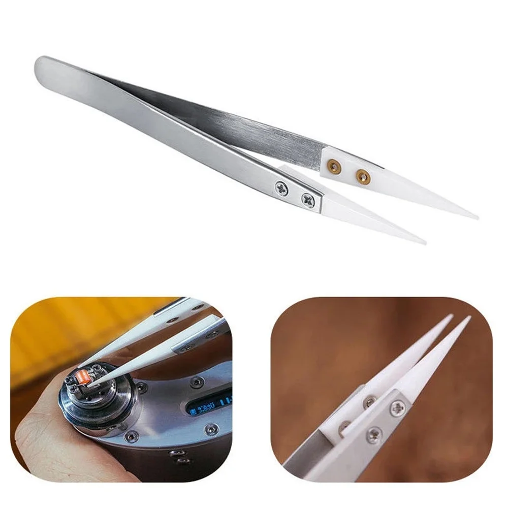 Straight Aimed Ceramic Tweezers for Electronics Soldering with Stainless Steel Handle Black Tweezers Hand Tool Precision Tweezer