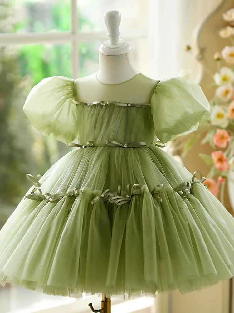 Luxurious Girls Princess tutu Dress Children green Bow Fluffy Wedding flower girls Prom Gown baby  Birthday Party Kids Dresses