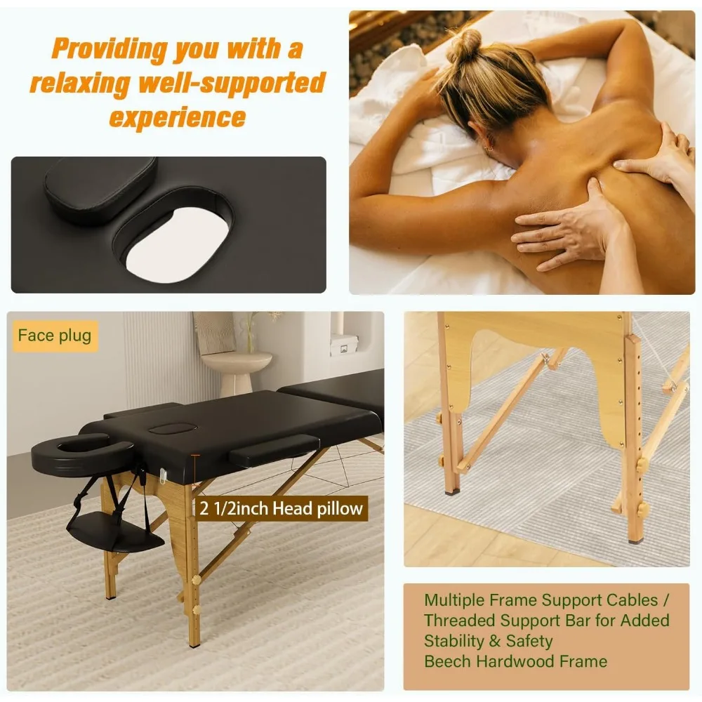 Mesa de massagem portátil com maca de pescoço, cama de massagem dobrável resistente, cama facial, mesa de tatuagem, cama de cílios ajustável, esteticista