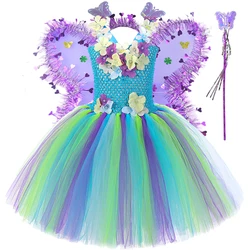 Flower Jungle Fairy Costumes for Girls Birthday Party Tutus Kids Halloween Fancy Dress with Butterfly Wings Princess Girl Outfit