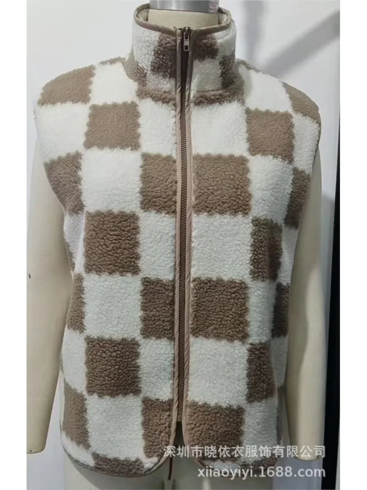 2025 여성 패션 플러시 루즈 스퀘어 체크 베스트 가을 겨울 캐주얼 지퍼 가디건 베스트 레트로 코트 여성용