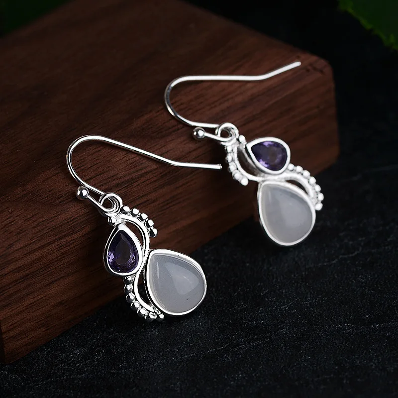 New Arrival 925 Sterling Silver Women s Vintage Drop Earrings Inlaid with Amethyst Waterdrop and Colorful Moonstone Chic Jewelry