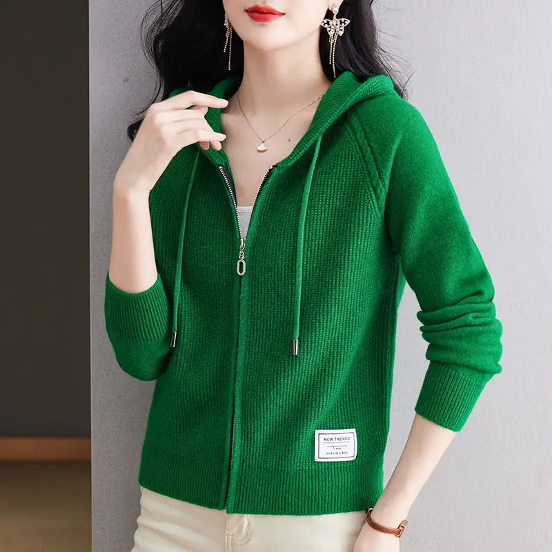 

New Hooded Zipper Fashionable Casual Style Knitted Cardigan for Women Short Spring and Autumn Hoodie Sweater Solid Color Jacket