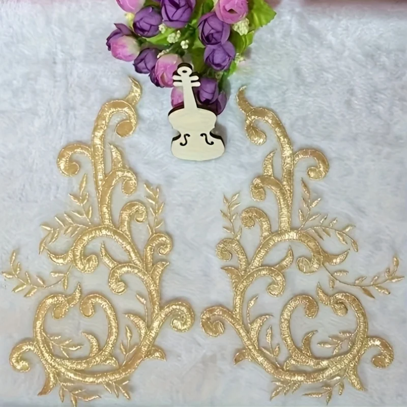 2Pairs  Gold Lace Fabric Flowers Branch Applique Embroidered Wedding Gown Collar Mesh Sew On Patches For Dress DIY Decoration