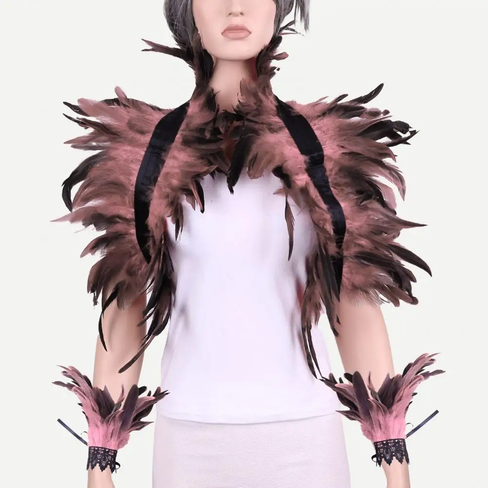 Feather Capelet Style Feather Shawl with Wrist Ring Lace Collar Set for Halloween Cosplay Unisex Model Stage Show Performance