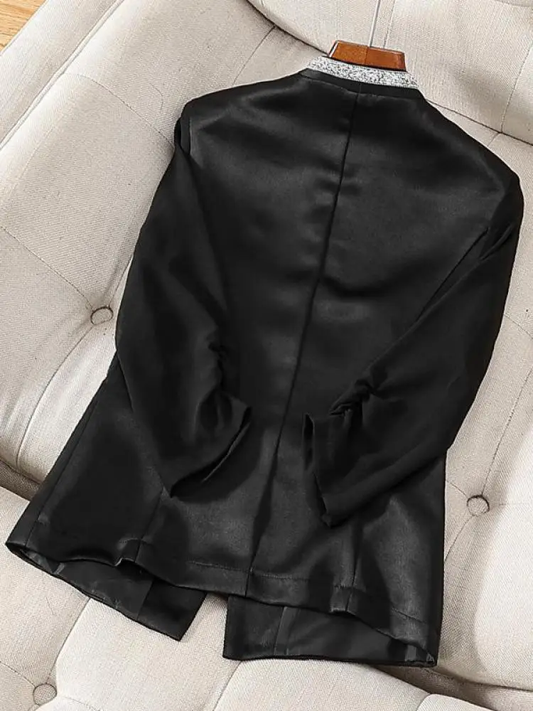韓国女性用ブラックホワイトパッチワークVネックシングルボタンオフィスレディブレザーコート秋ベージュ7分袖万能トップス