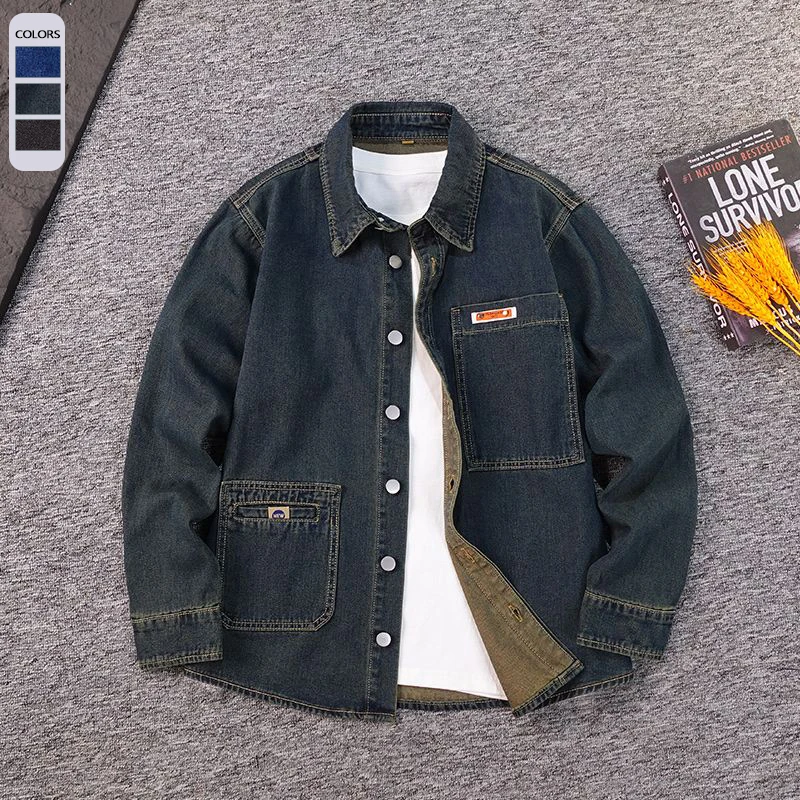 

Fashion Denim Shirt Men's Retro Large Pocket Design Loose Casual Simple Autumn Long-sleeved Cargo Cowboy Shirts Korean