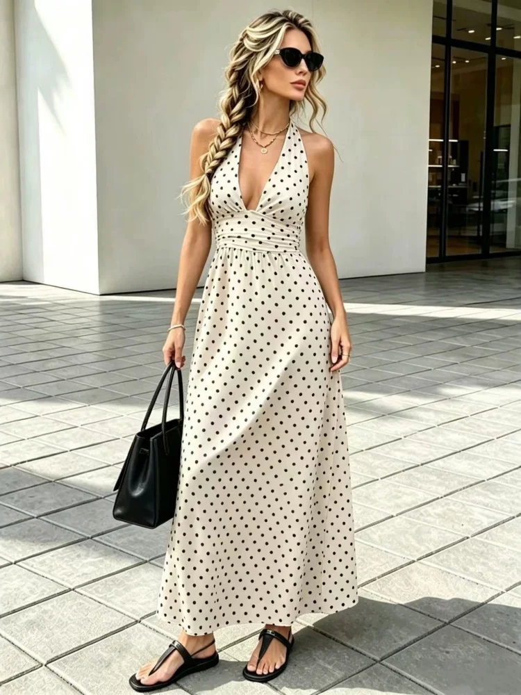 Wmstar Damenkleider für Damen, sexy Neckholder-Kleid im Strandstil, figurbetont, tiefer V-Ausschnitt, abnehmbarer Rüschenrock mit Punkten