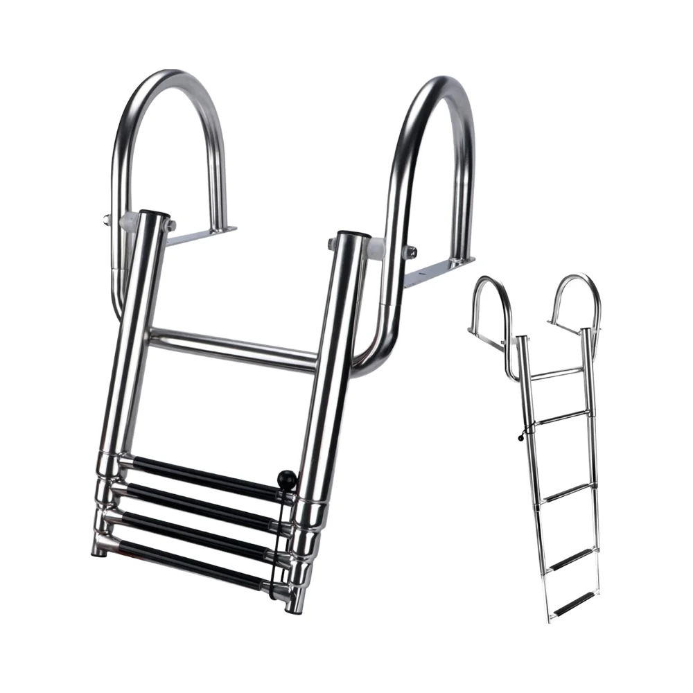 Winibo 316 Stainless Steel 4-Step Foldable Telescoping Rear Entry Swim Deck Ladder Replacement Wide Pedals Handrails for Pontoon