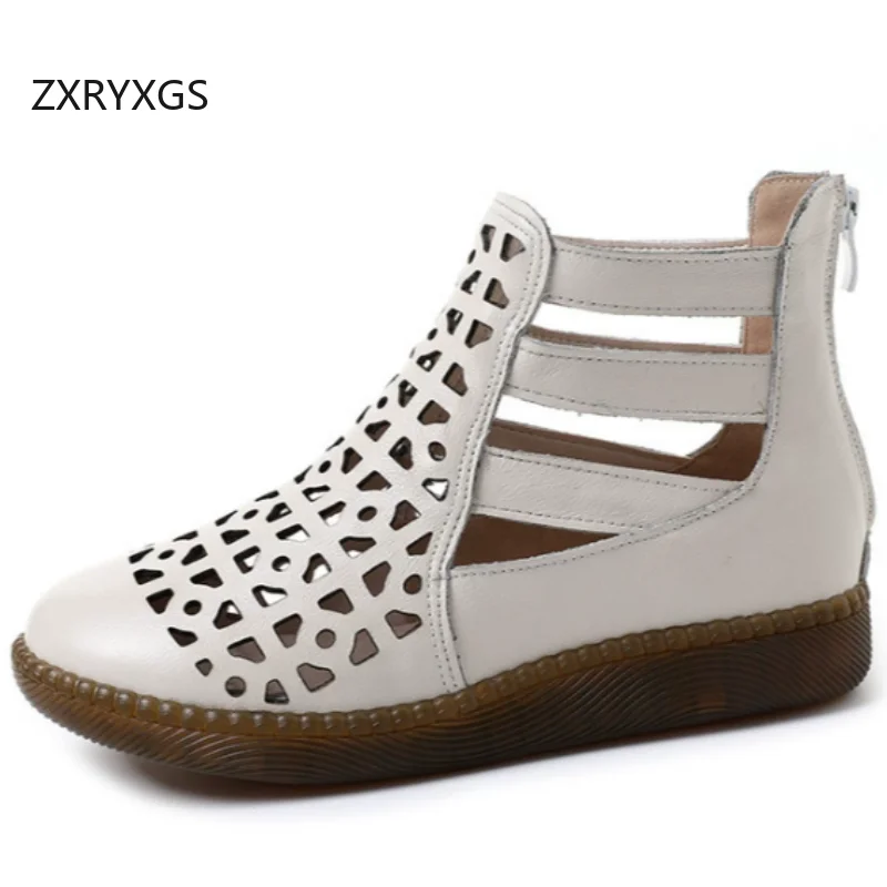 

ZXRYXGS Premium Genuine Leather Hollow Breathable Boots Summer Sandals Large Size Spring Summer Women Sandals Flat Boots 2025