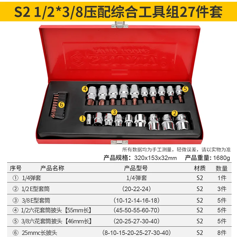 

Suitable for ½% press-fit comprehensive tool set 27-piece S2 material high quality