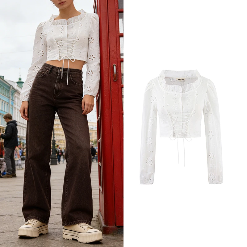 

Белая рубашка на шнуровке — укороченный топ с квадратным вырезом и пышными рукавами, весна/лето 2026, стиль Cottagecore