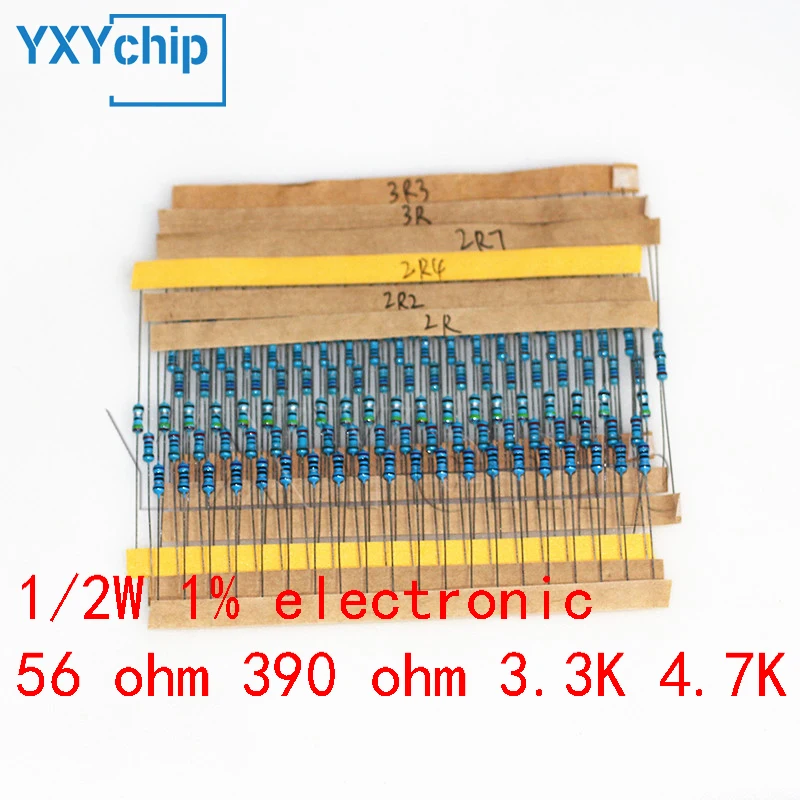 

0.5 watt resistor Metal film resistance kit,1/2W 1% DIY electronic set of resistors Assorted package 56 ohm 390 ohm 3.3K 4.7K