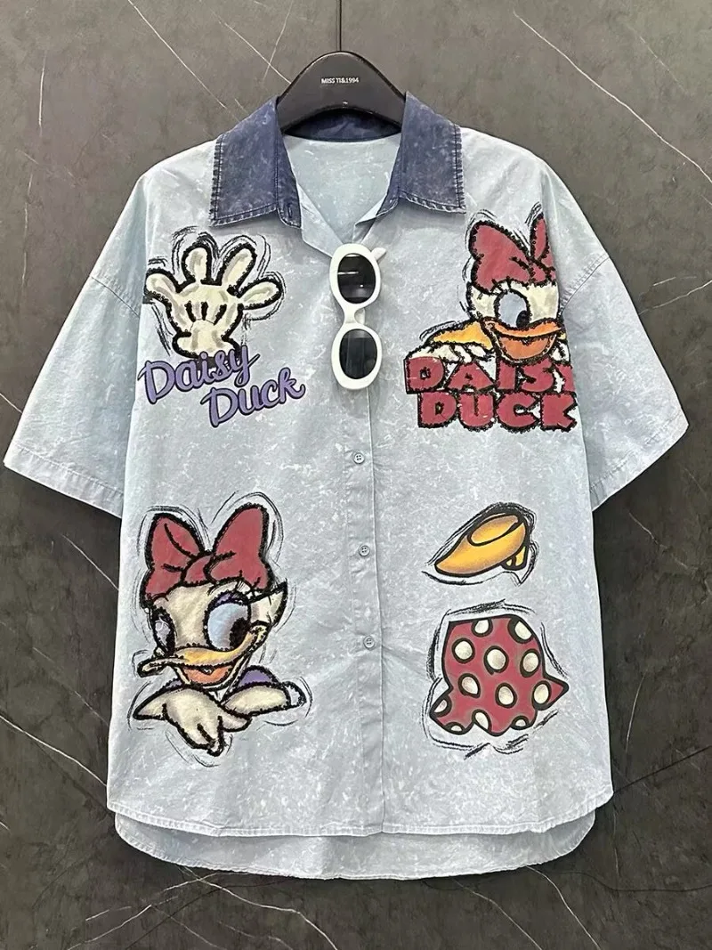 

Harajuku Summer New Heavy Crafted Cartoon Daisy Short Sleeved Shirts for Women Loose Casual Sweet Kawaii Clothes Cute Girl Tops