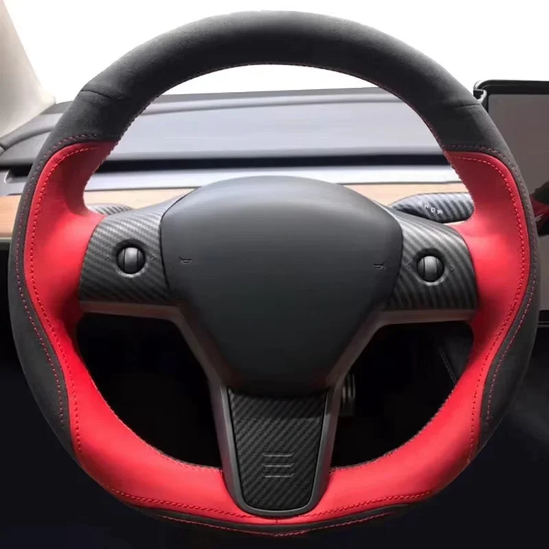 

DIY Car Steering Genuine Leather Wheel Cover For Tesla Model 3 2017 -2021 Steering-Wheel Cover Wrap Auto Interior Accessories