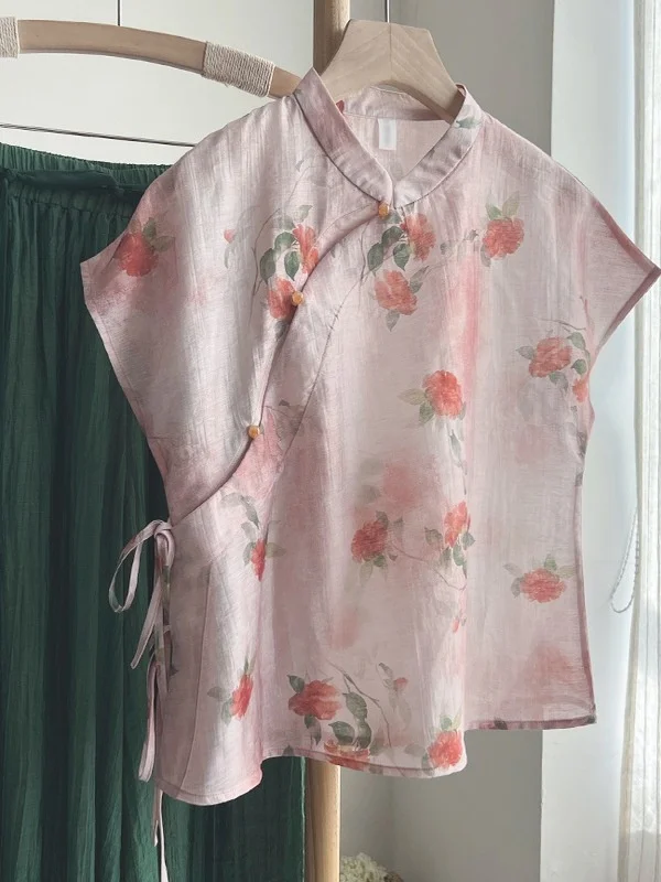 

New Chinese Sle Summer Thin Silk Cotton irt Women's Qipao Top with Button Design Loose Fit Floral Print Blouse