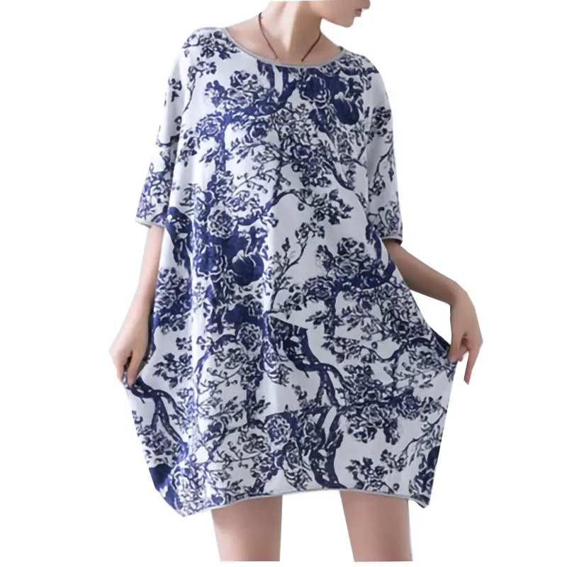 

Women's Vintage Printed Cotton Linen Dress Summer Loose Short Sleeve V-neck Casual Dress With Pockets Female