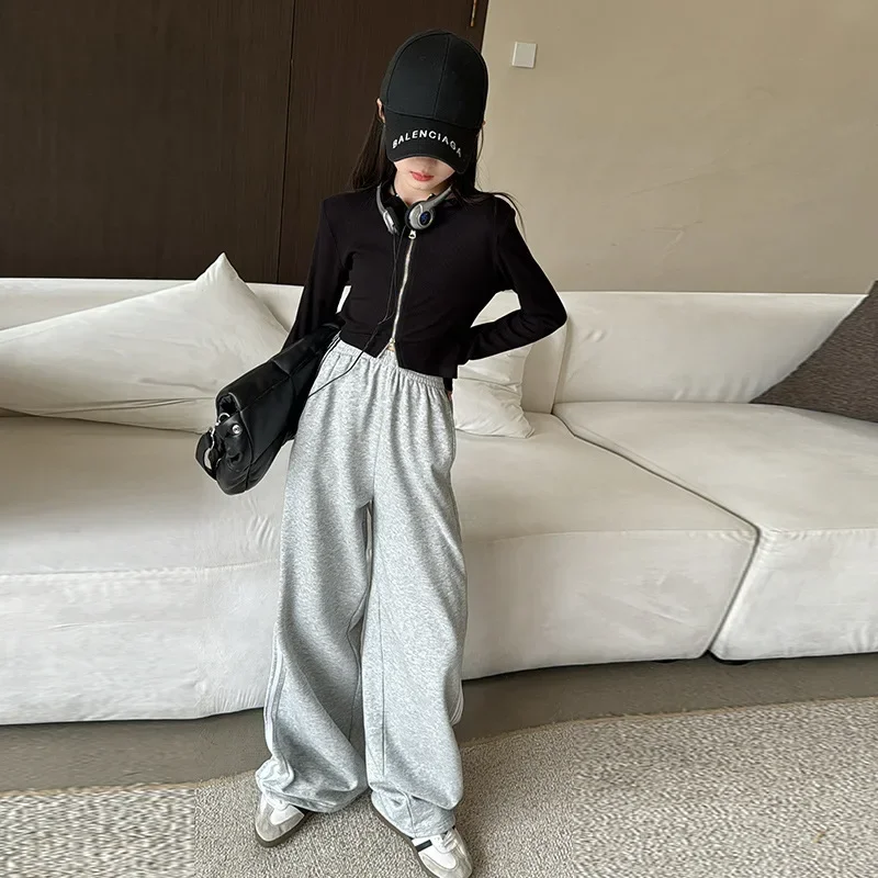 Girls Trousers Children 2024 New Spring and Summer Fashion Gray Pants Simple Casual Bottoms European Fashion Style Clothes