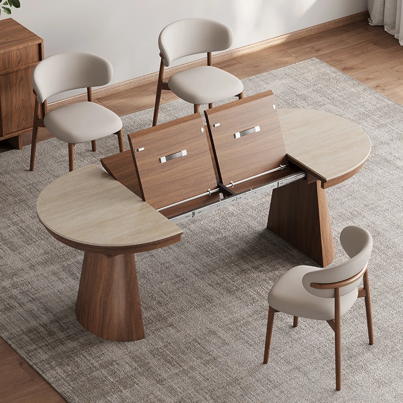Travertine rock slab multi-functional dining table invisible foldable dining table light luxury small apartment
