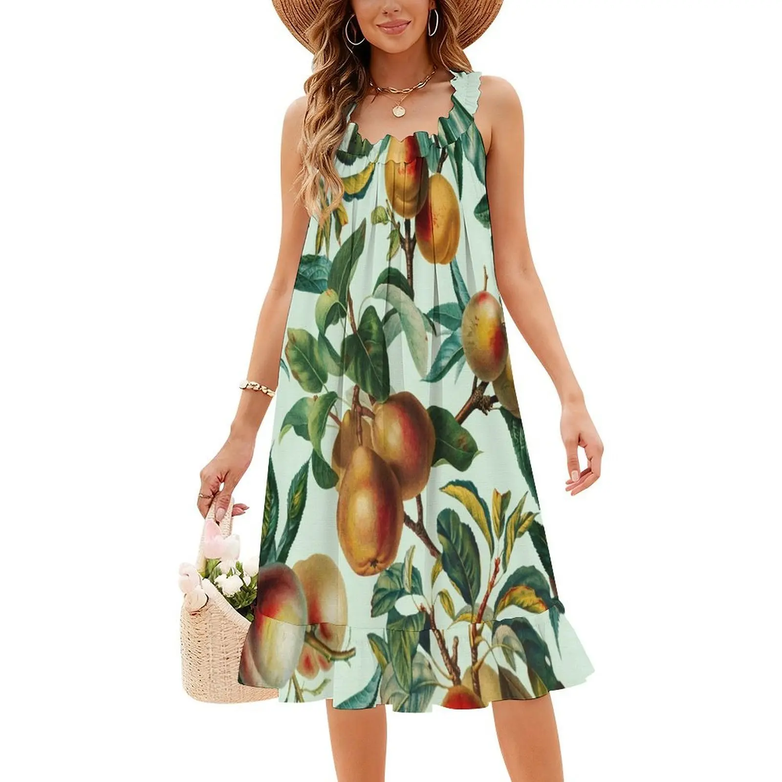 ヴィンテージフルーツパターン Xxvi ヴィンテージボヘミアンドレス パフスリーブまたはノースリーブオプション 女性用ドレス 花柄 ガーデン フォレスト ジャングル