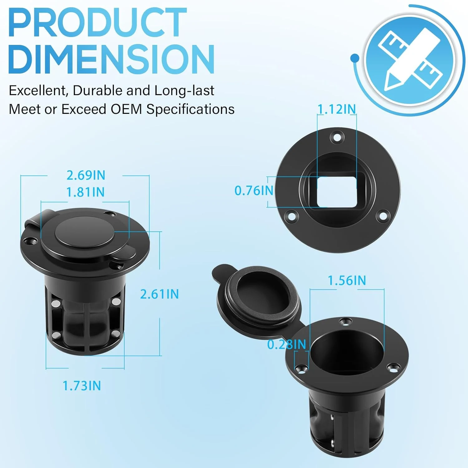 

1903012 Flush Mount Power Port for Cannon Downriggers Power Cable, Quick Connection, Black