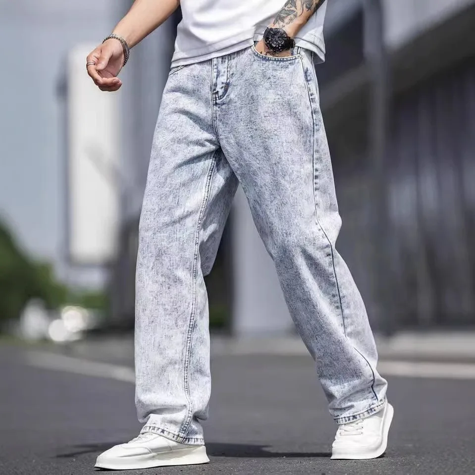 2026 Spring/Autumn New Men's Sky Blue All-Season Loose Straight-Leg Stretch Jeans Trend