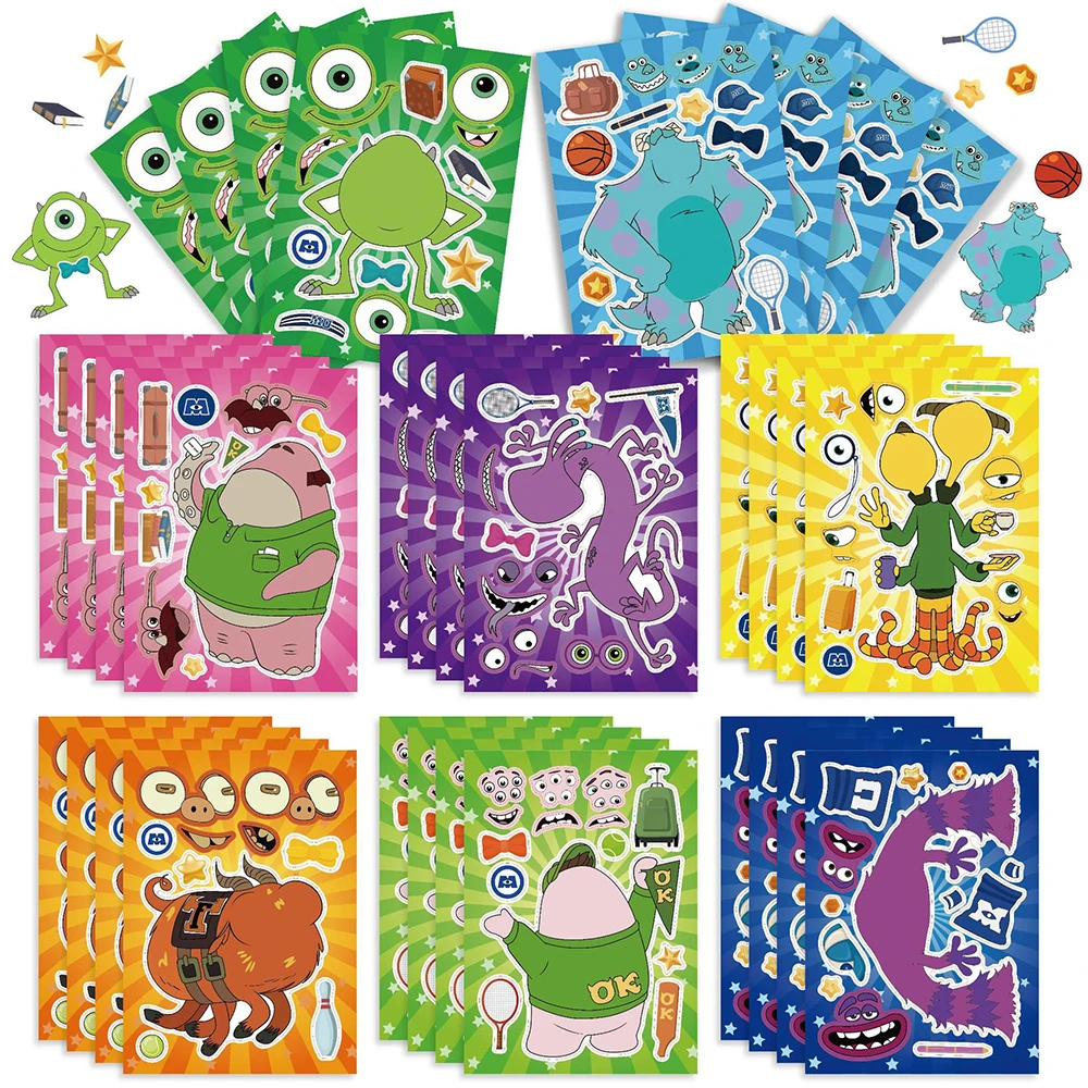 8/16Sheets Disney Monsters Inc Puzzle Stickers Make-a-Face Games Toy Create Your Own Funny Cartonn Assemble Jigsaw Children Gift