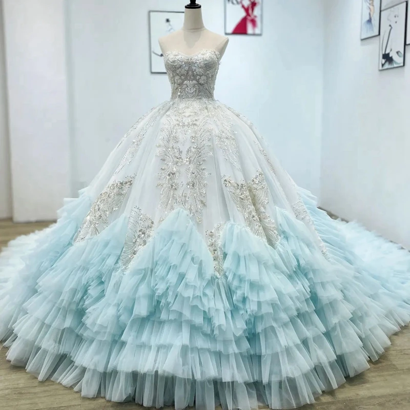 

Exquisite Beading Flowers Tulle Wedding Dress Dubai Strapless Crystal Lace Bridal Gowns Pretty Ruffles Appliques Bridal Dresses