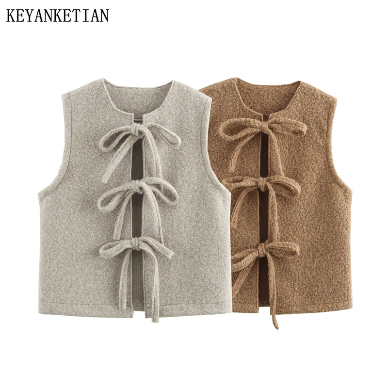 

KEYANKETIAN Winter New Women's Bow Lace Up Tweed Waistcoat Simple style Solid color O-Neck Sleeveless Blazer Cropped Outerwear