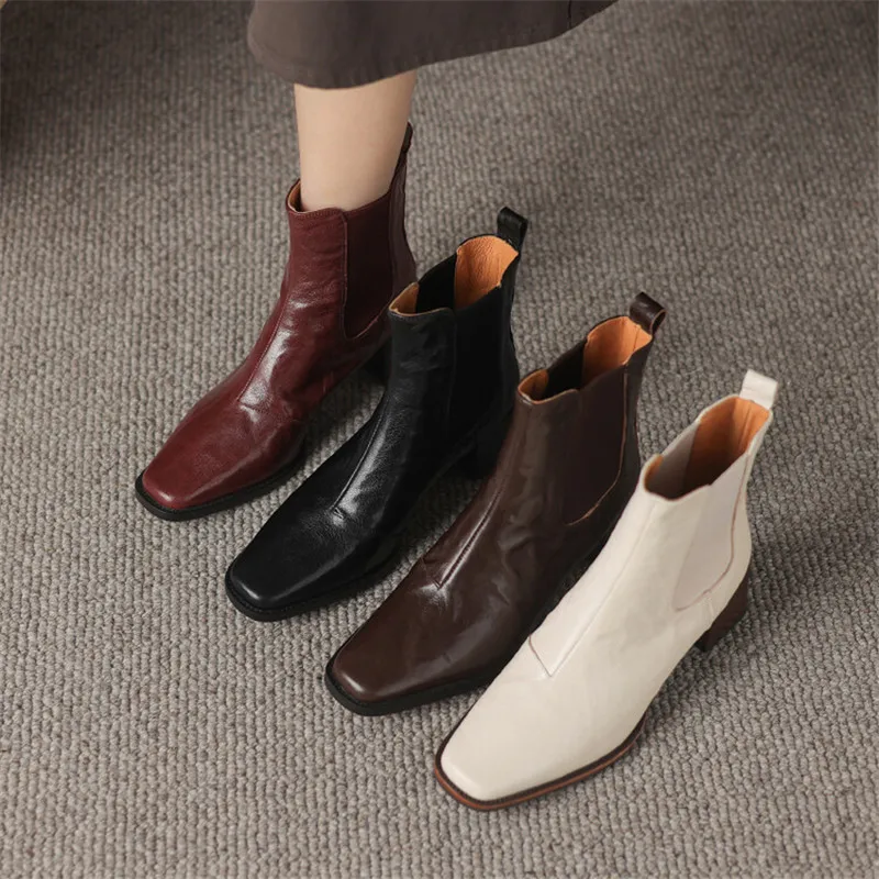 

New Autumn Winter Genuine Leather Women Boot Fashion Boots Square Toe Chunky Heels Boots for Women Zapatos Mujer High Heels