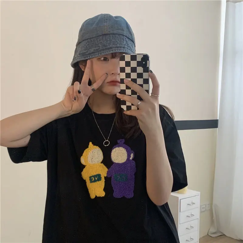 

Loose Versatile ort Sve T-irt Embroidered Towel Design Summer 2026 New Sle Women's Faionable round Ne Print Top