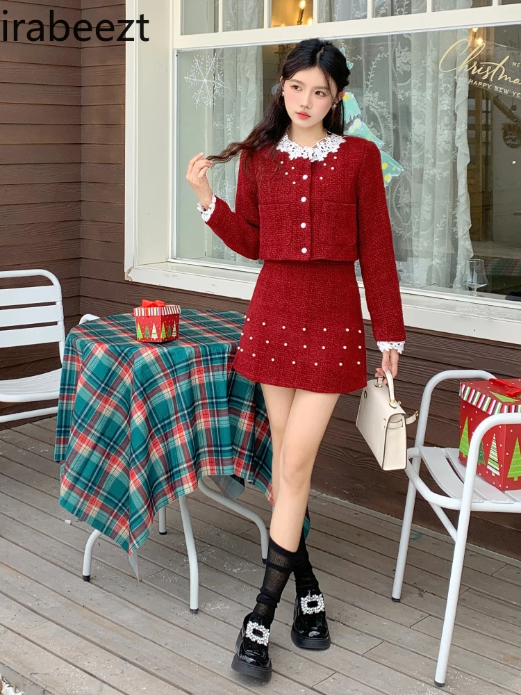 Christmas Outfit 2024 Red Festive Bridesmaid Skirt Lace Lady Short Jacket Two-piece Suit Women Conjunto Twede Feminino