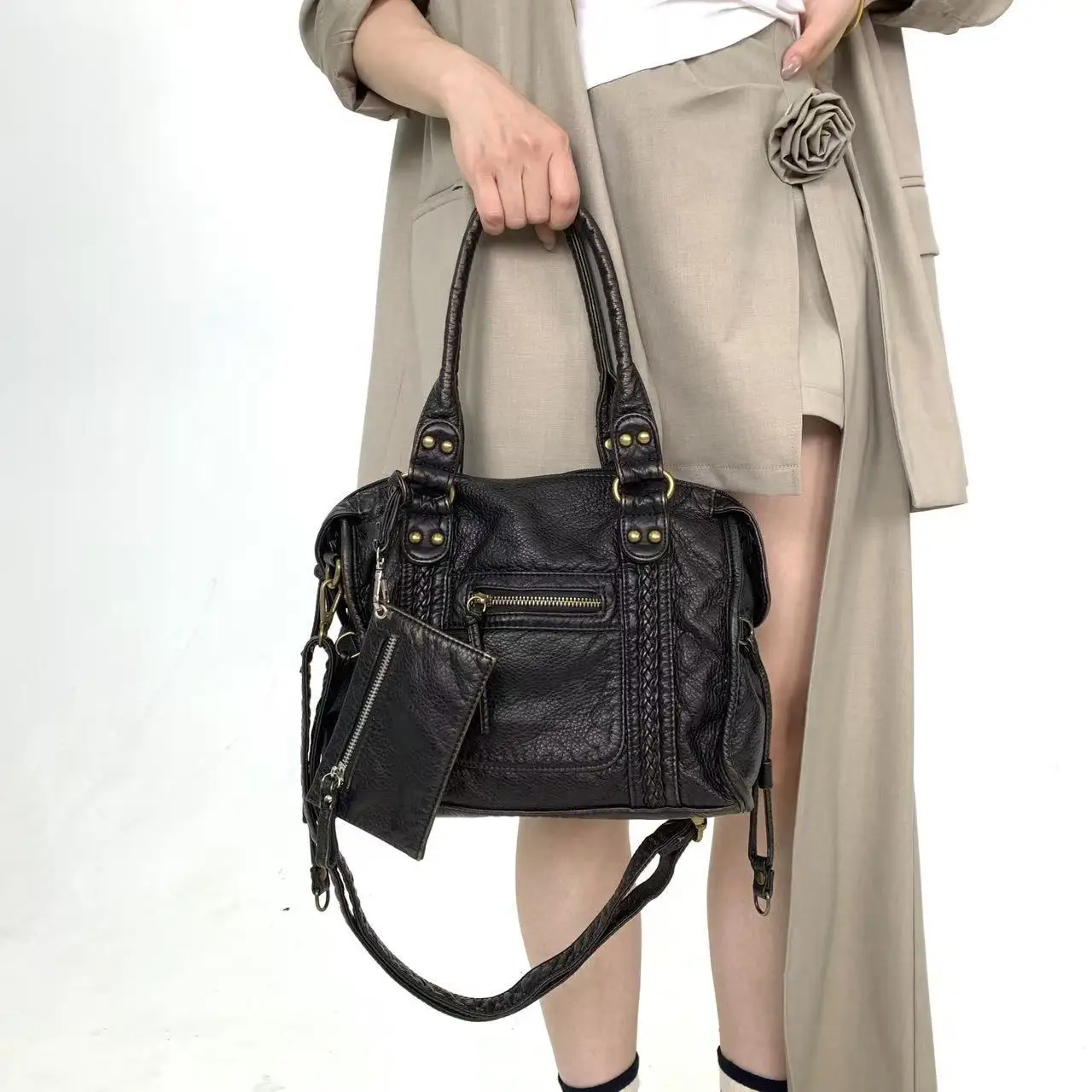 

Venn Angel Y2K Style Black Leather Handbag,Soft PU Leather Tote with Detachable Crossbody Strap, Wallet Pouch & Drawstring Sides