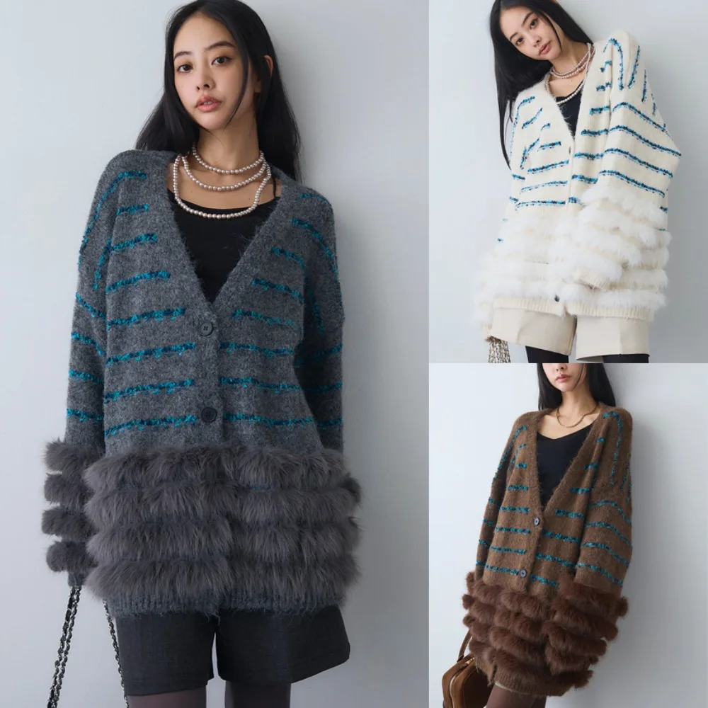 

Women's Fashion Style Deep V Neck Long Sleeve Fur Cuffed and Fur Hem Custom Striped Knit Cardigan