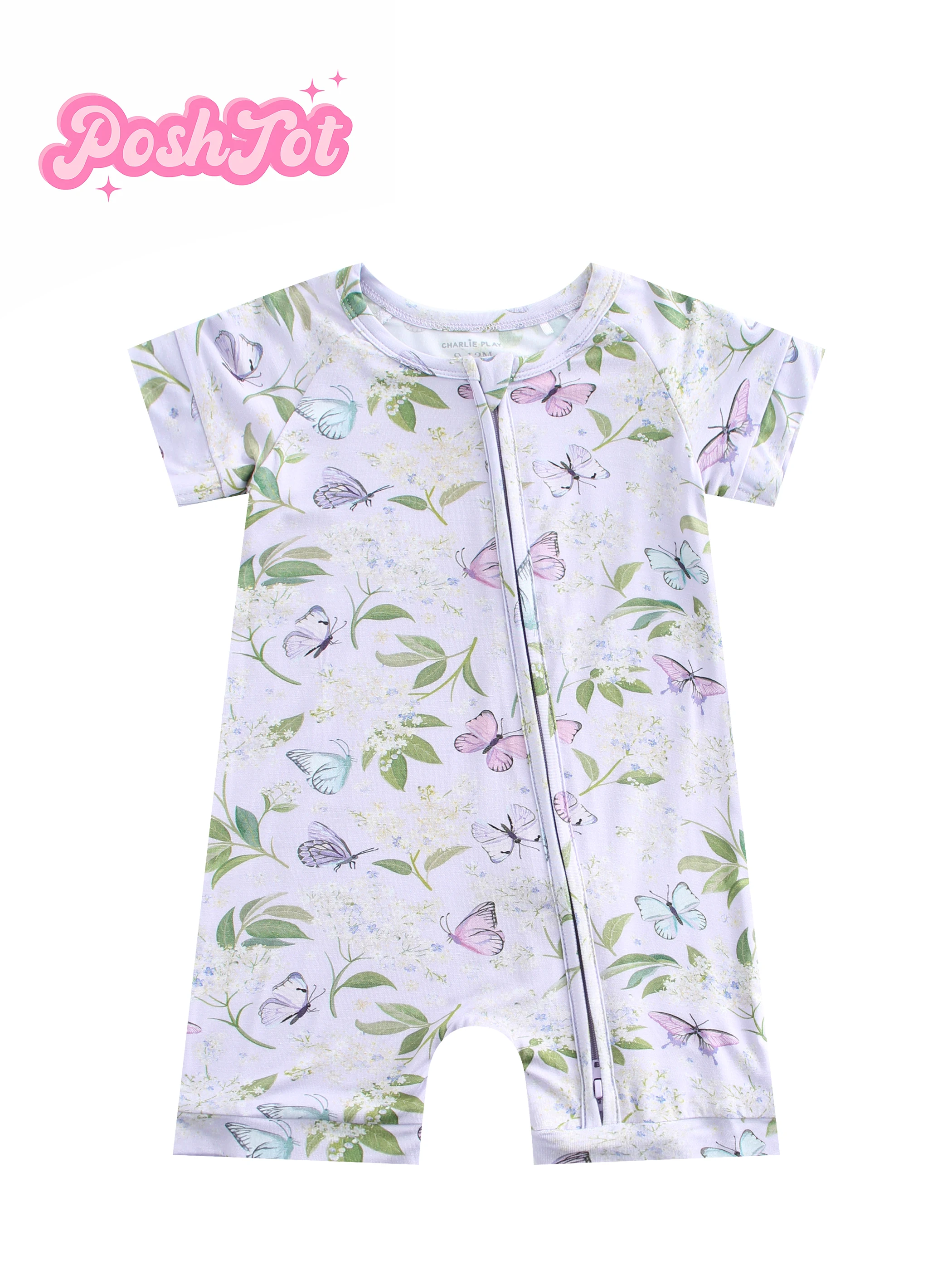 2pcs POSHTOT green flowers and purple butterfly bamboo fiber baby long sleeve.  Baby pajamas two-way zipper 0-2 years romper.