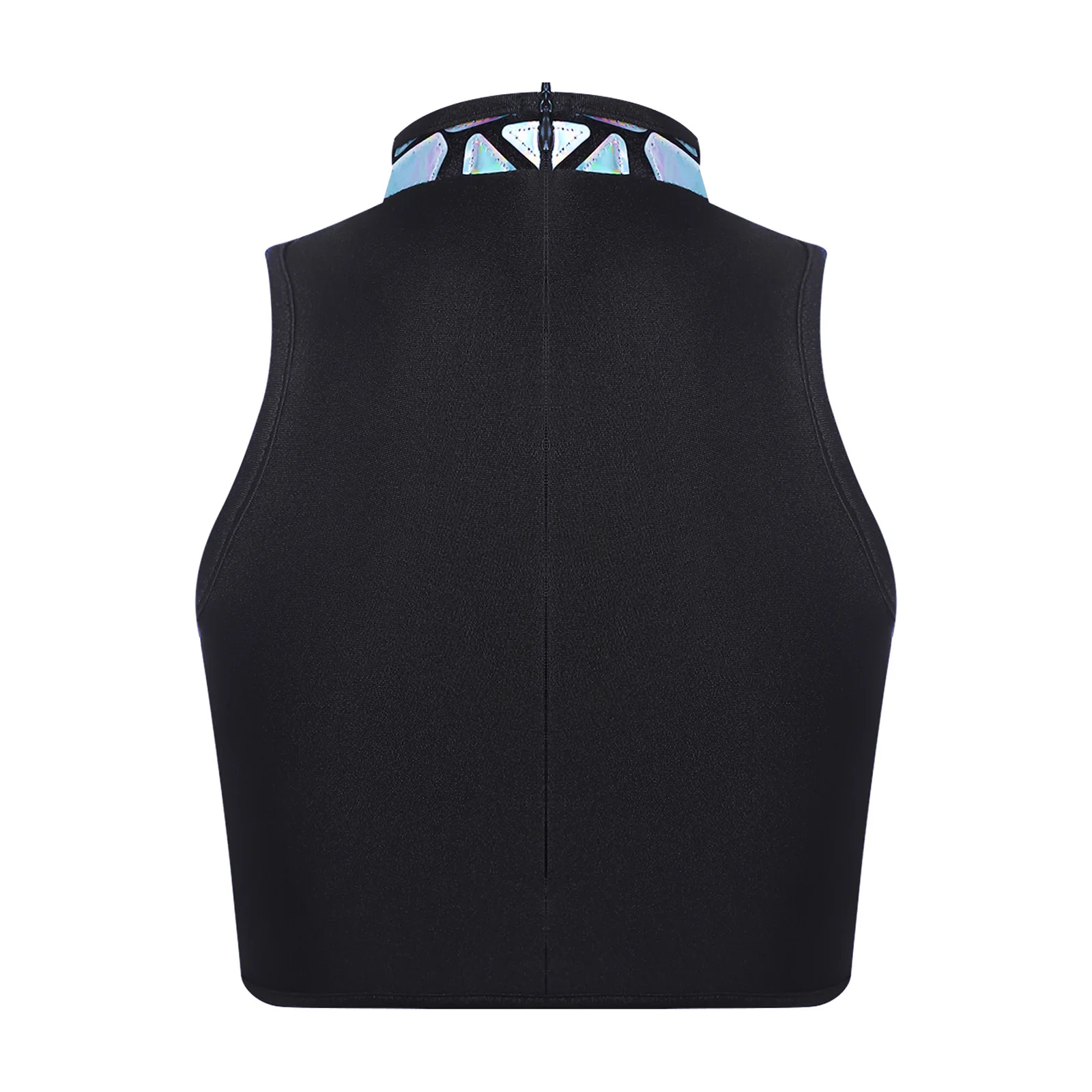 Womens Holographic Print Shiny Tank Top Sequins Iridescent Mock Neck Back Zipper Crop Vest Stage Costume Rave Party Clubwear