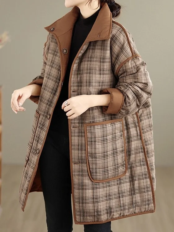 

Thiened Loose Plaid Cotton Jaet Women's Winter Coat Warm Flannel Insert Outerwear Comfortable Commute Sle Long Sve