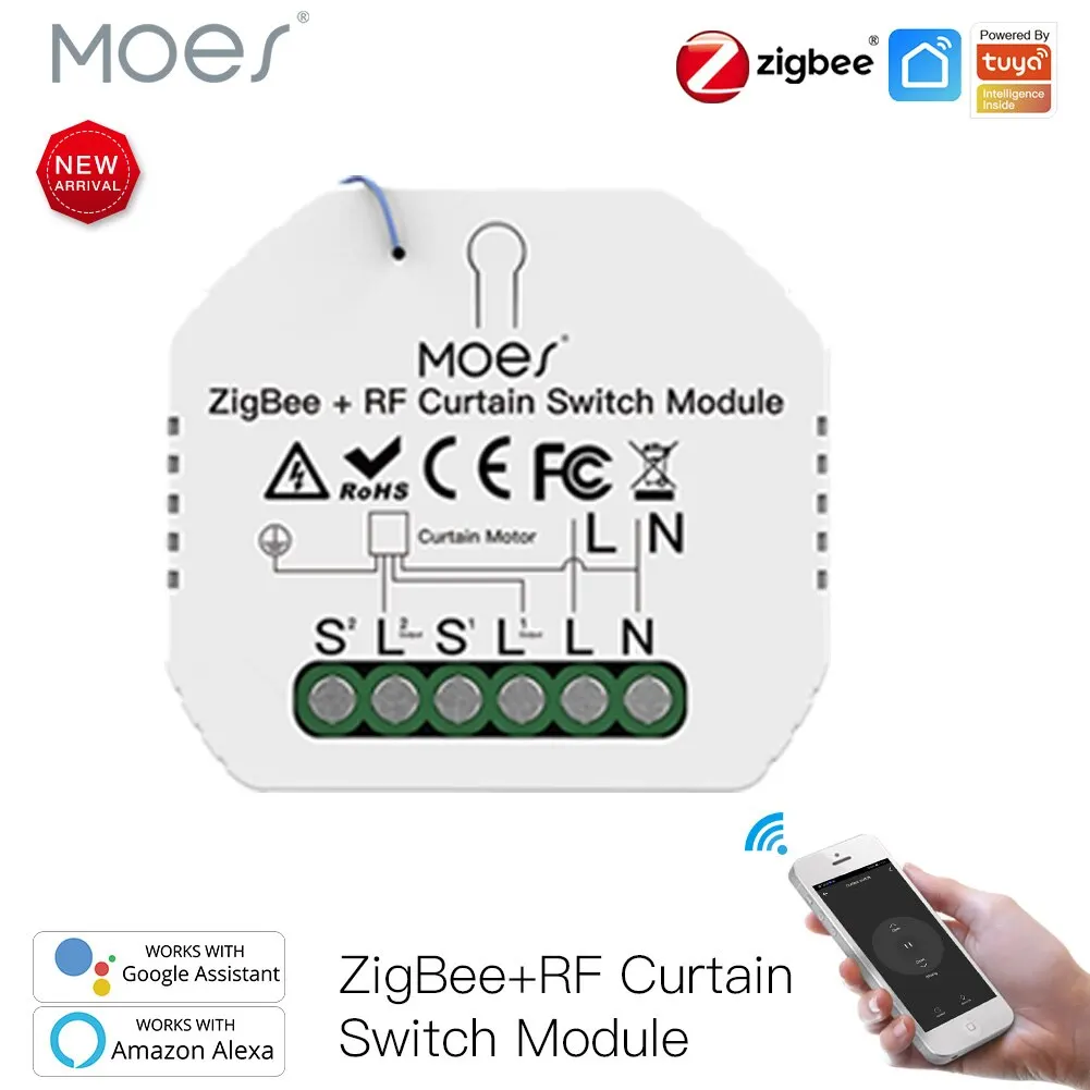 Moes ZigBee Smart RF433 Curtain Switch Module for Motorized Roller Shutter Blinds Motor 2MQTT Smart Life APP