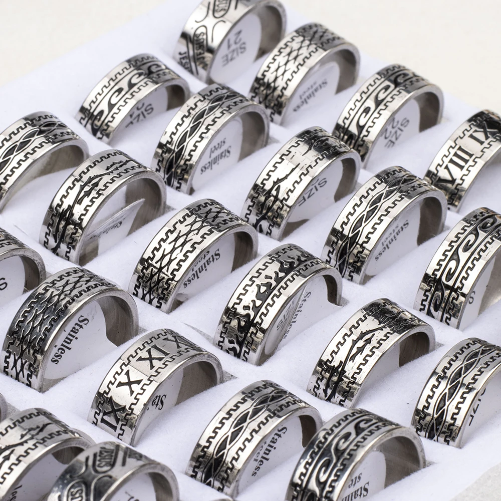 Wholesale 20 Pcs/Lot Classic Pattern Waterproof Stainless Steel Rings Vintage Fashion Men\'s High-quality Wedding Jewelry Gift