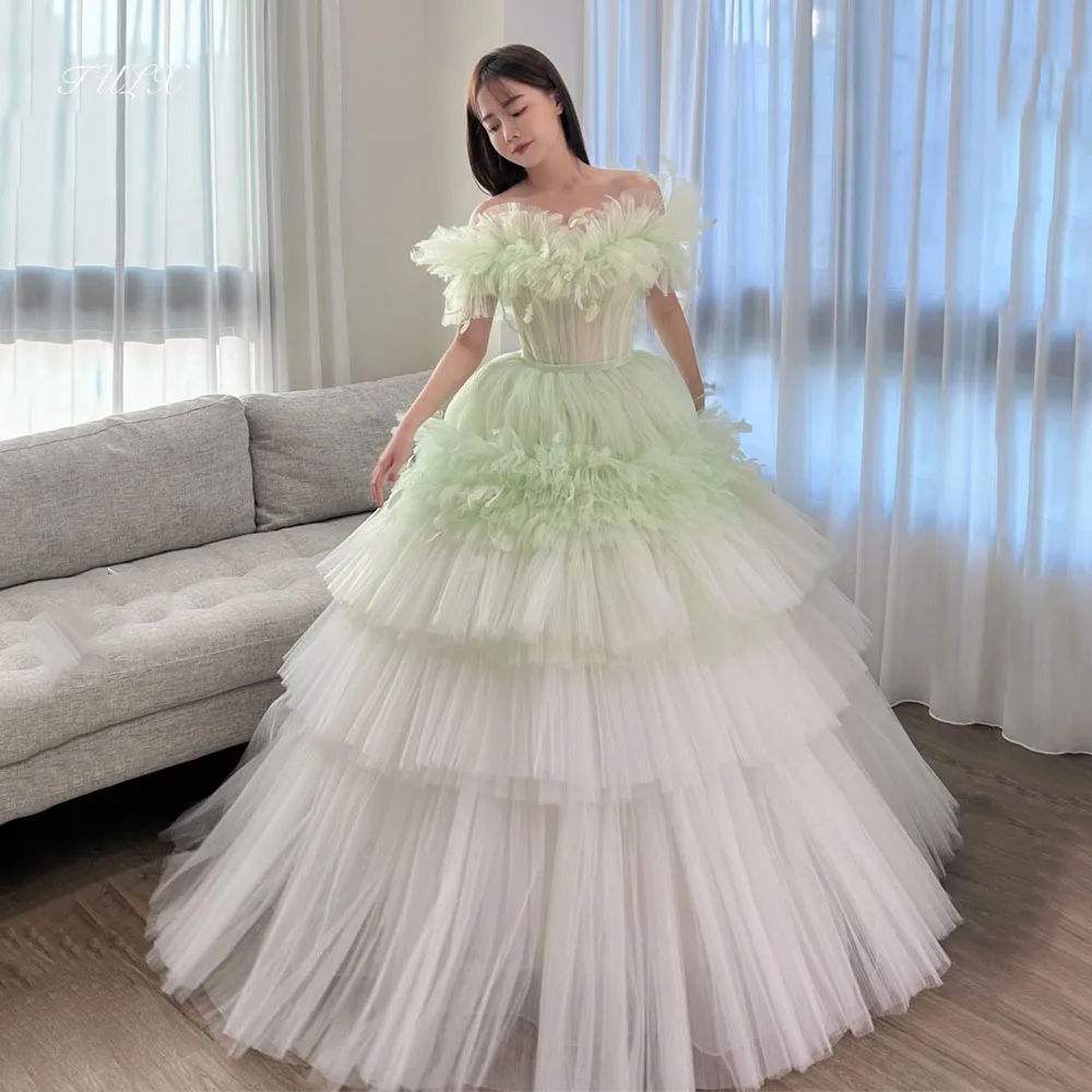 TULX luxe Tulle robe de soirée corée mariage Photo Shoot épaules nues plissé longue à plusieurs niveaux robe de soirée de mariée Corset personnalisé