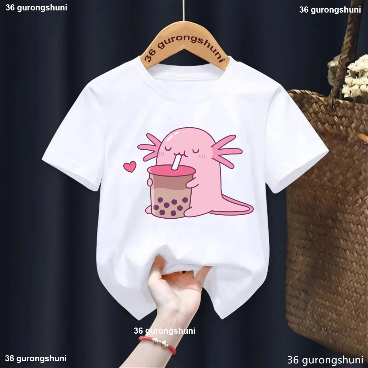 Axolotl Love Boba Milk Tea Printed Tshirt Summer Short Sleeve Kids Clothes Kawaii Funny Solid T-Shirt Cool Summer T Shirt