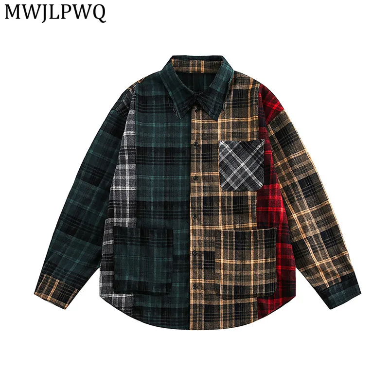 

MWJLPWQ 232, осенняя новая американская лоскутная клетчатая винтажная рубашка High Street с лацканами, однобортная мужская одежда Cleanfit 21013
