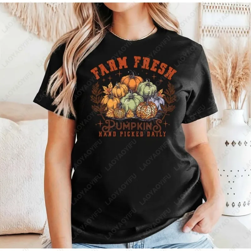 

Хлопковая рубашка с фруктами и тыквой, ручная работа, повседневные осенние футболки в деревенском стиле, осенние футболки с нашивками на День благодарения, мужская и женская футболка