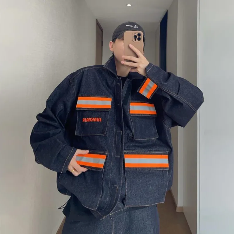 HKSH Spring Autumn New Men Tide Dark Original Cowhide Reflective Stripes Patchwork Three-Dimensional Pocket Denim Jacket HK20335