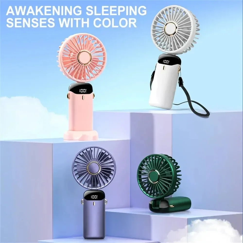 1800mAh Handheld Mini Fan Foldable Portable Neck Hanging Fans 5 Speed USB Rechargeable Fan with Phone Stand and Display Screen