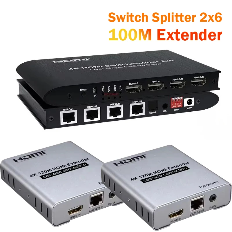 4K HDMI Switch Splitter Extender 2x6 over Ethernet Cat5e/6 Cable 100M HDMI Switch with 2 HDMI out and 4 RJ45 Extension Transmit