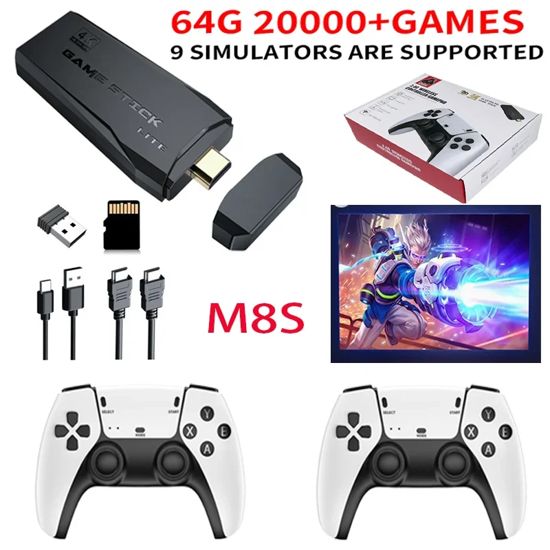 M8S Video Game Stick Console 2.4G Double Wireless Controller Game 4K HD 20000+ Games 128GB Retro Games Boy Christmas Gift