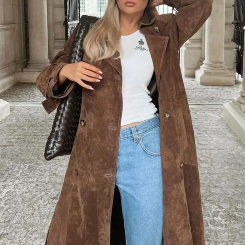 

Women's Suede Bomber Jackets Fashion Lapel Zipper Full Sleeve Pocket Coats 2025 Spring Lady Elegant Casual Outwear New