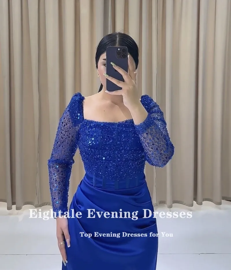 Eightale Tea Length Evening Dresses Sequined Long Sleeves Satin Royal Blue Custom Made Color Mermaid Prom Wedding Party Gown