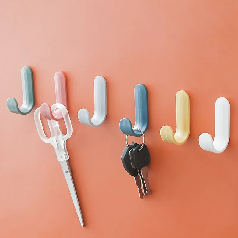 6pcs/set J-shaped Self Adhesive Hooks Plastic Door Wall Hangers Candy Color Strong Hook for Kitchen Bathroom Bedroom Hallway